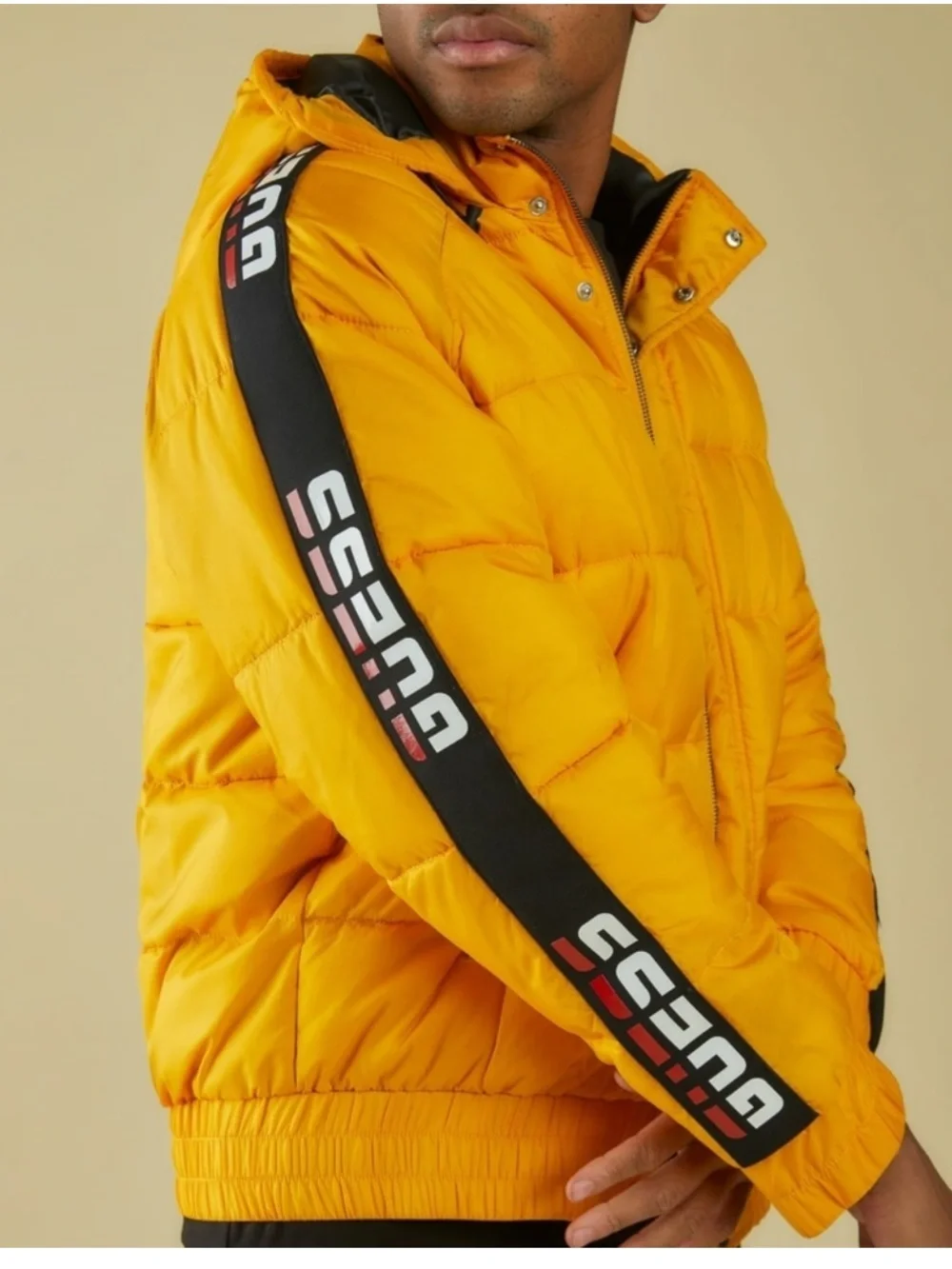 New Guess Men's Yellow Hooded Puffer Jacket with Logo Sleeve